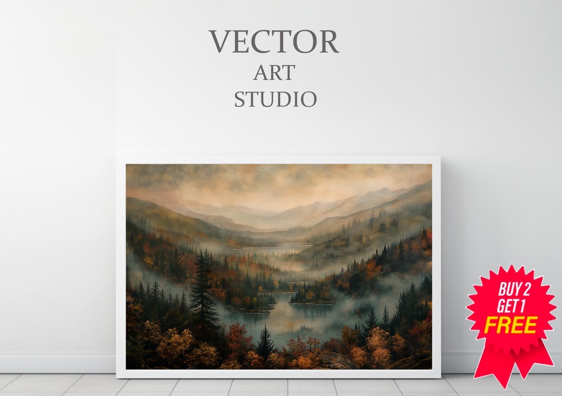 Vintage Rustic Fall Autumn Moody Countryside Painting Farmhouse Decor Print Autumn Landscape Lodge Decor Landscape Print - Image 3