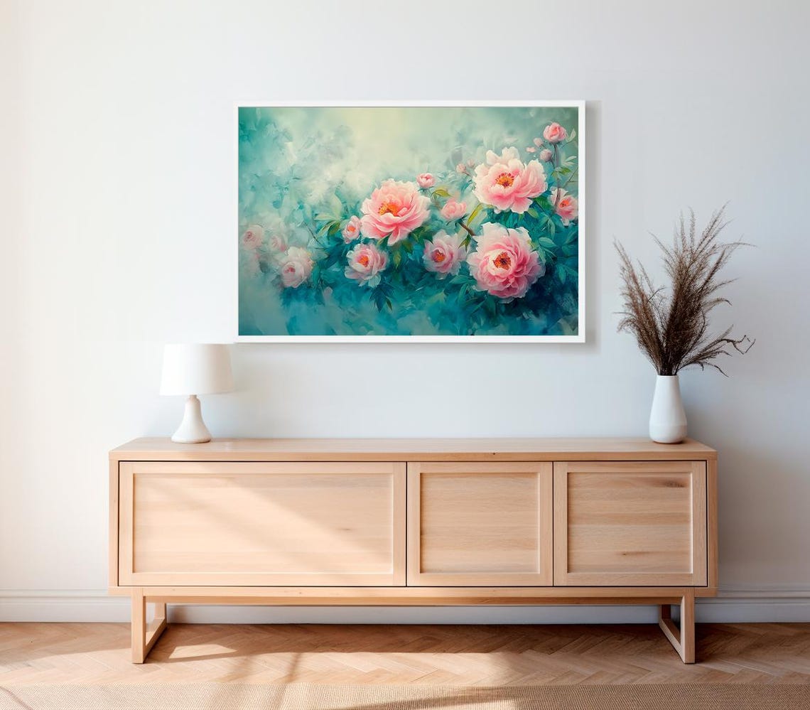 Pink Peony Blossoms Teal Watercolor Spring Floral Bloom Poster - Image 2