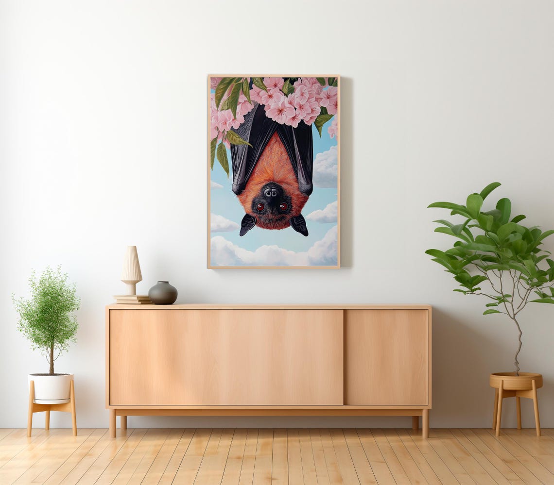 Flying Fox Bat Hanging Among Pink Cherry Blossoms Whimsical Poster - Image 2