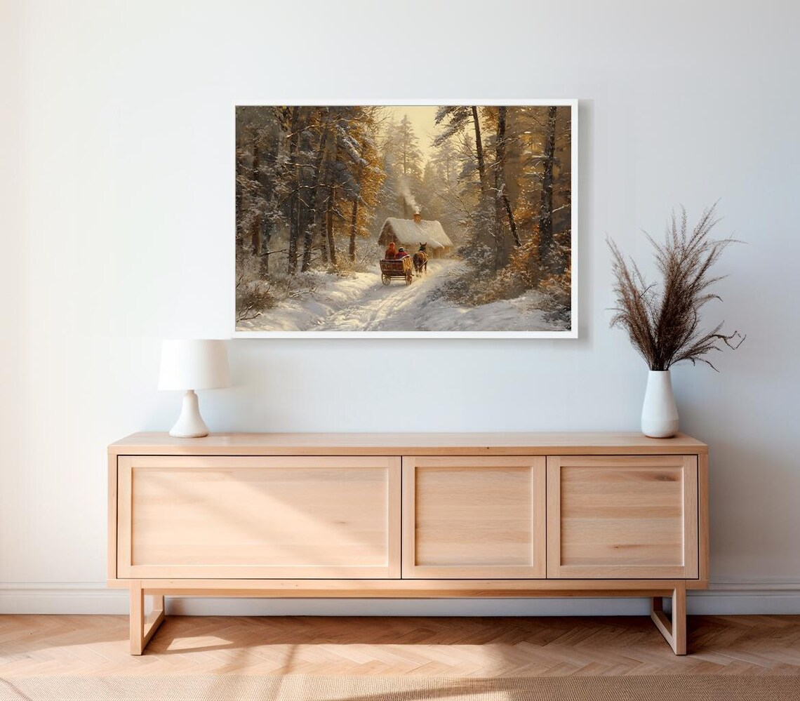 Snowy Forest Cabin with Horse-Drawn Sleigh Vintage Winter Poster - Image 2