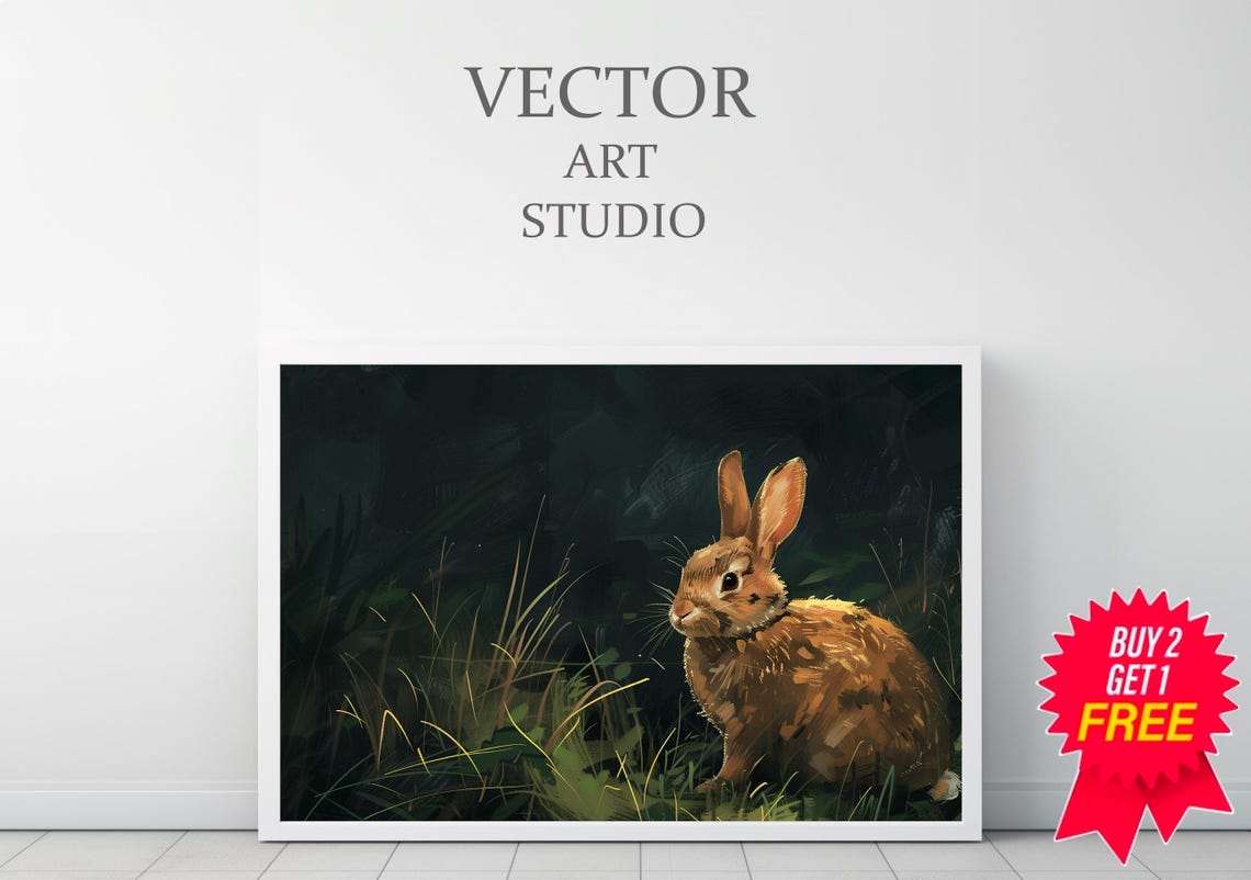 Brown Bunny in Dark Night Grass Wildflower Meadow Art Poster - Image 3