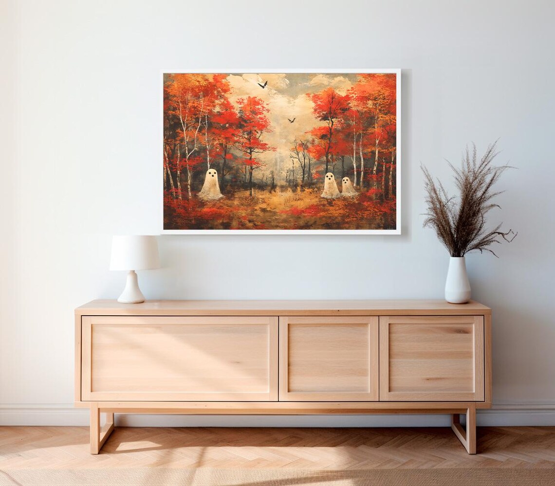 Cute Ghost Family in an Autumn Forest Fall Colors Halloween Art Poster - Image 2