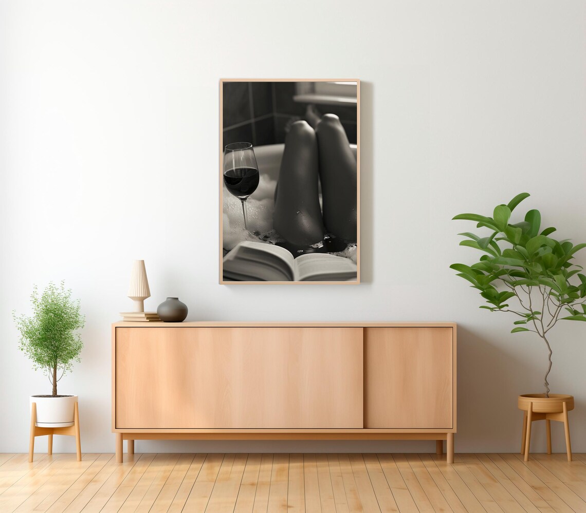 Woman Relaxing in Bubble Bath with Wine Glass and Book Photo Poster - Image 2