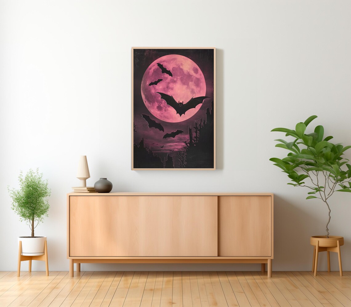 Neon Pink Vampire Bats Vintage Gothic Art Print - Image 2