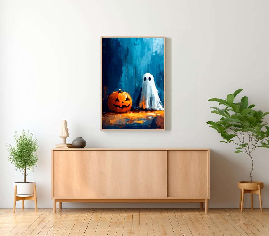 Jack-o-Lantern Pumpkin With Sheet Ghost Painterly Night Poster - Image 2