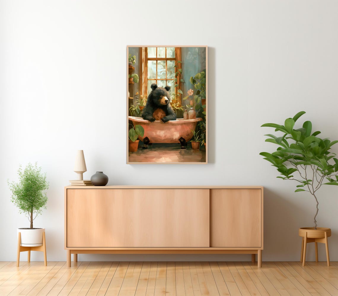 Black Bear Cub Sitting in a Copper Bathtub Botanical Art Poster - Image 2