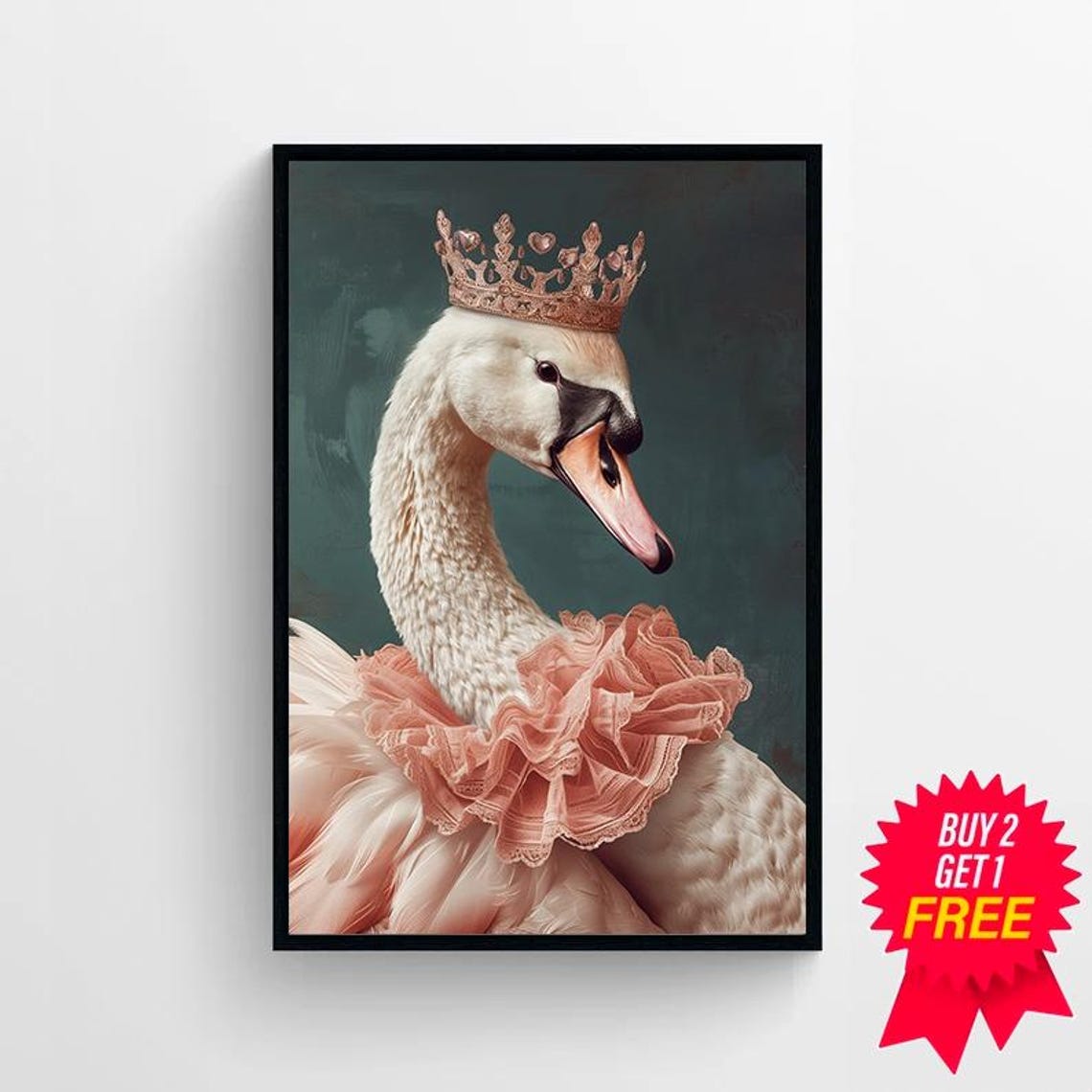Elegant Crowned Swan with Pink Ruffle Collar Portrait Poster - Image 4
