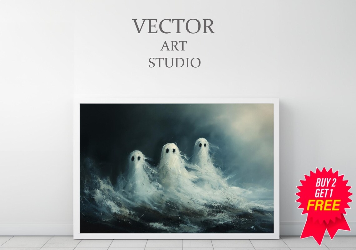 Three Cute White Ghosts in Dark Mist Halloween Painting Poster - Image 3