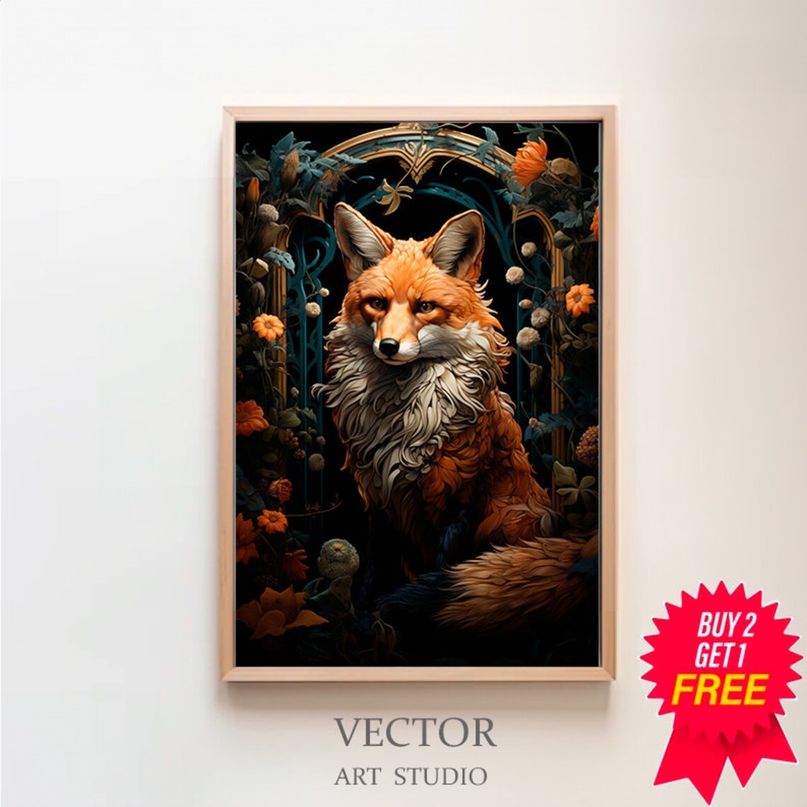 Fox Portrait in Arched Floral Frame Dark Botanical Wildlife Art Poster