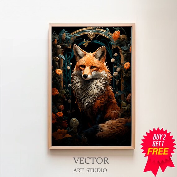 Fox Portrait in Arched Floral Frame Dark Botanical Wildlife Art Poster