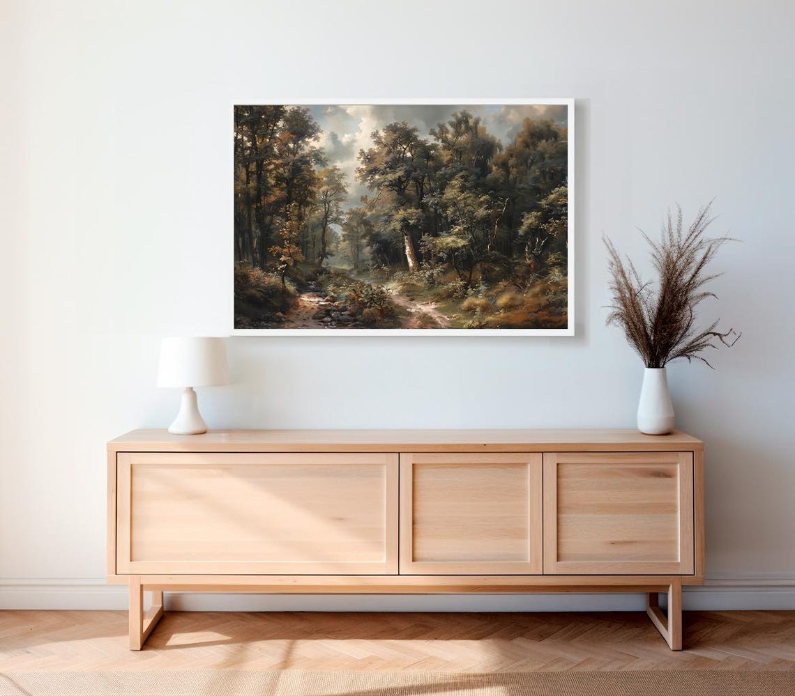 Vintage Forest Path with Dappled Light Dark Oil Painting Poster - Image 2