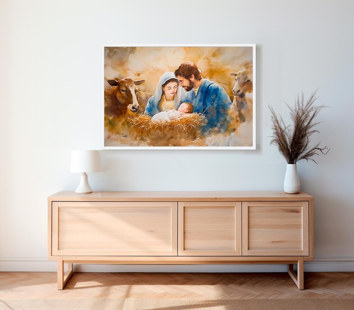 Warm Golden Watercolor Nativity Scene Of The Holy Family Christmas Print - Image 2