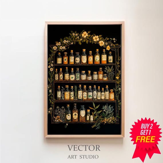 Witch Apothecary Moody Dark Botanical Vintage Goth Cottagecore Dark Floral Witch Kitchen Wall Art Decor Dark Academia Print