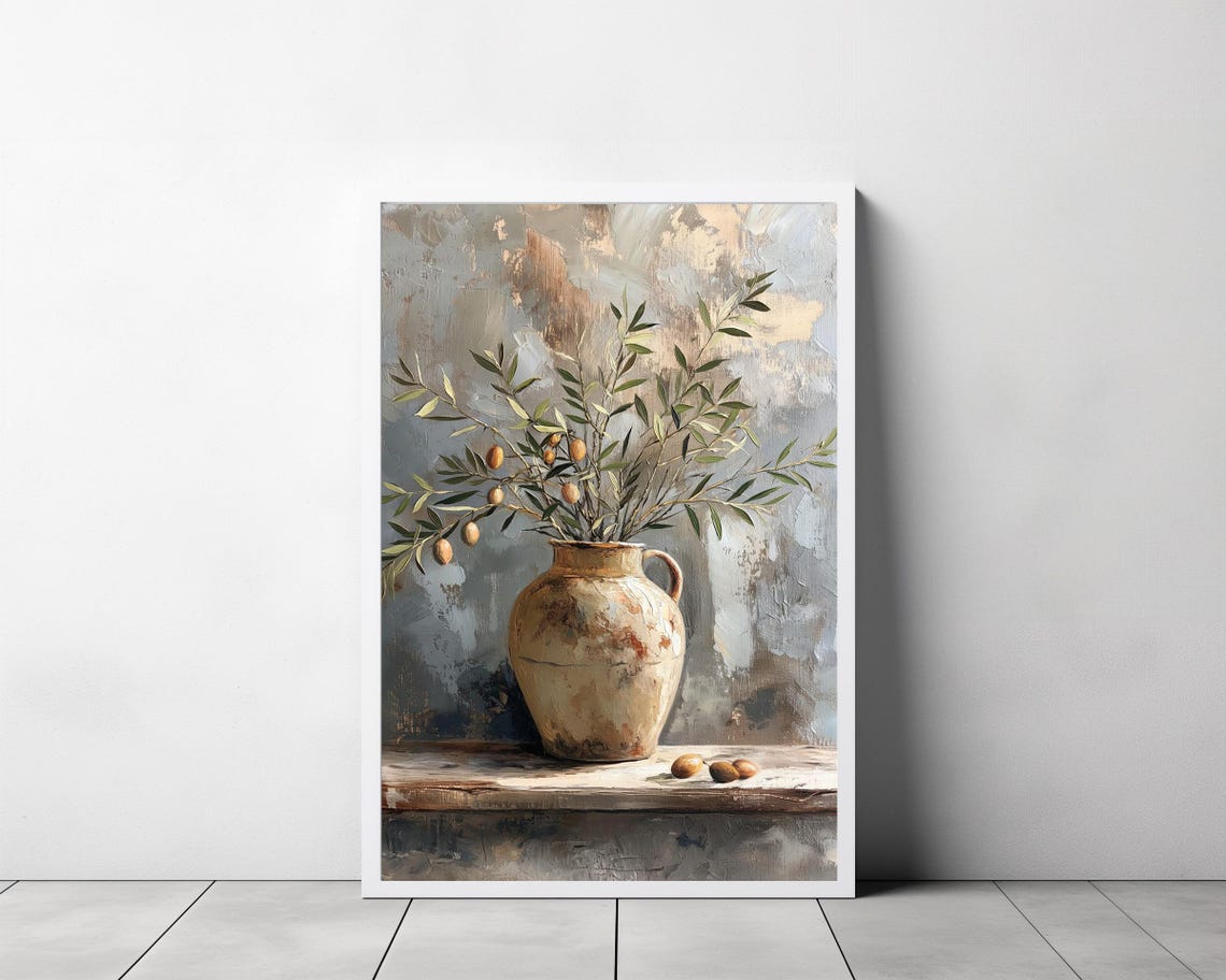 Olive Branches in Rustic Ceramic Pitcher Soft Neutral Still Life Print - Image 3