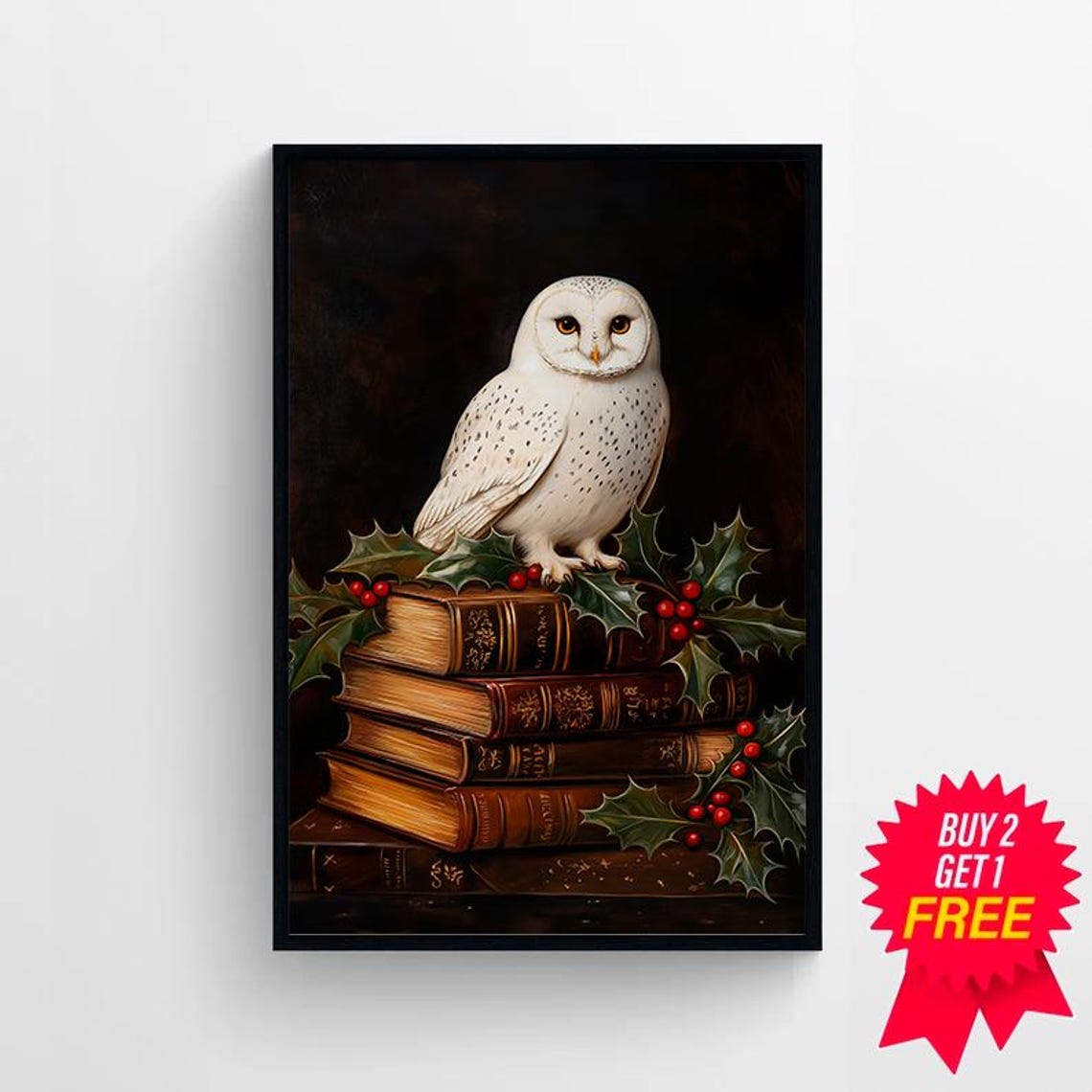 White Barn Owl Perched On Antique Books Dark Academia Holiday Poster - Image 4