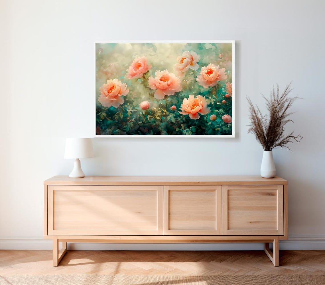 Soft Pink Peonies Teal Watercolor Spring Floral Garden Poster - Image 2