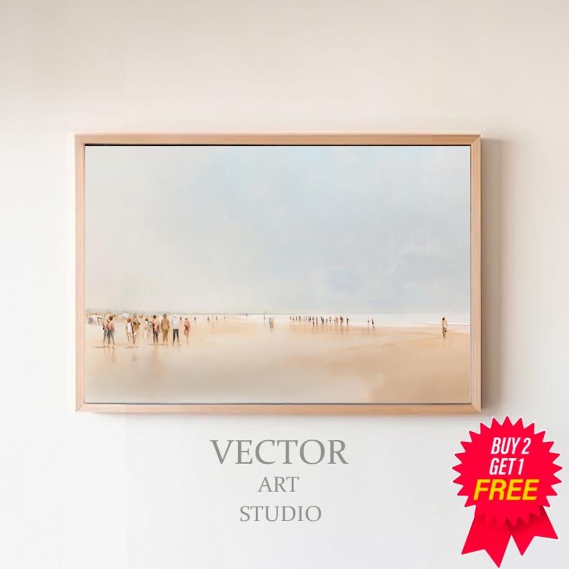 Minimalist Misty Beach With Walkers Coastal Watercolor Wall Art