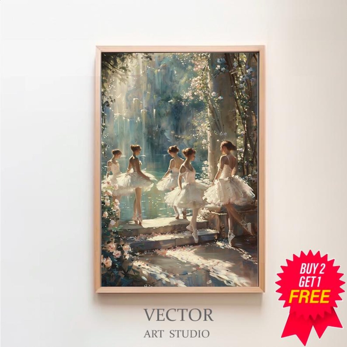 Six Ballerinas Dancing by a Sunlit Garden Fountain Oil Painting Poster