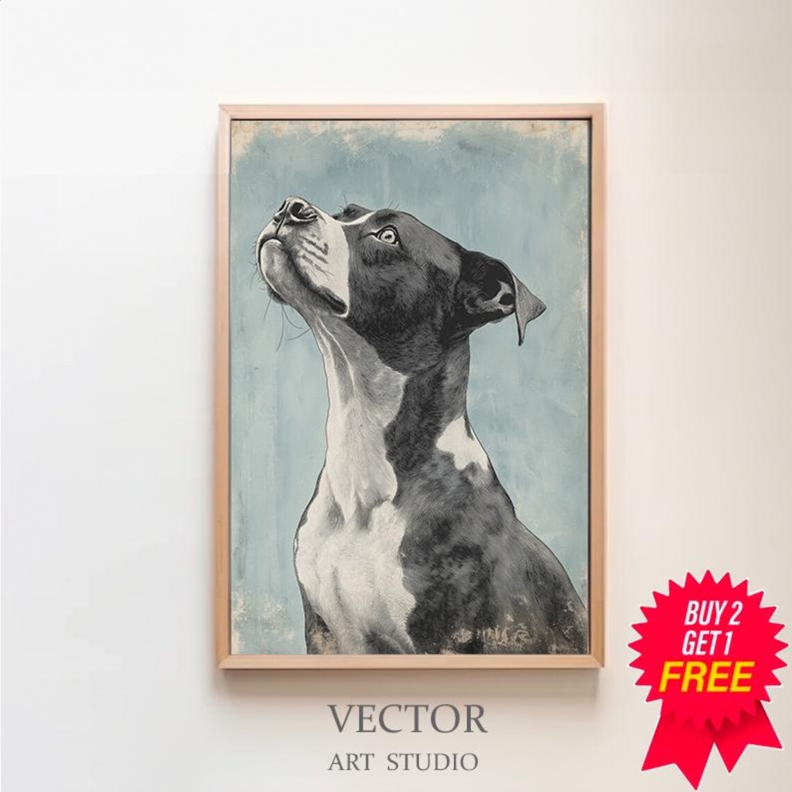 Black And White Dog Looking Up Vintage Ink Sketch Portrait Poster
