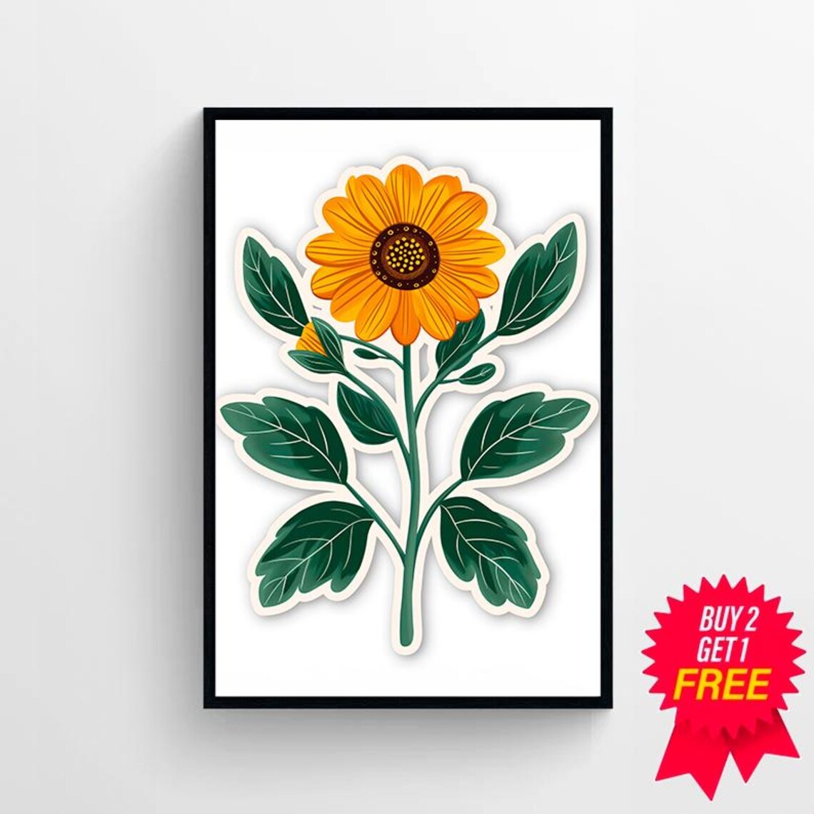Yellow Sunflower in Sticker Style Minimal Botanical Art Poster - Image 4
