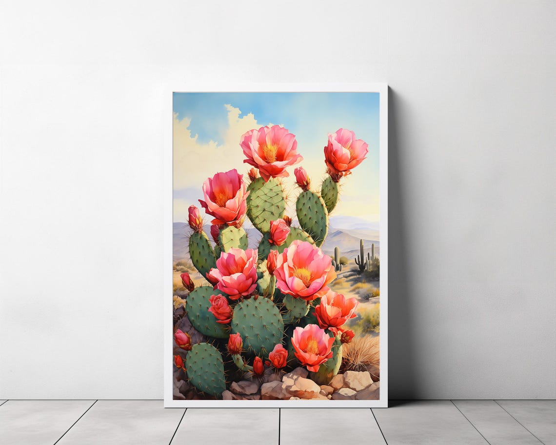 Prickly Pear Cactus with Pink Blooms Desert Morning Watercolor Poster - Image 3