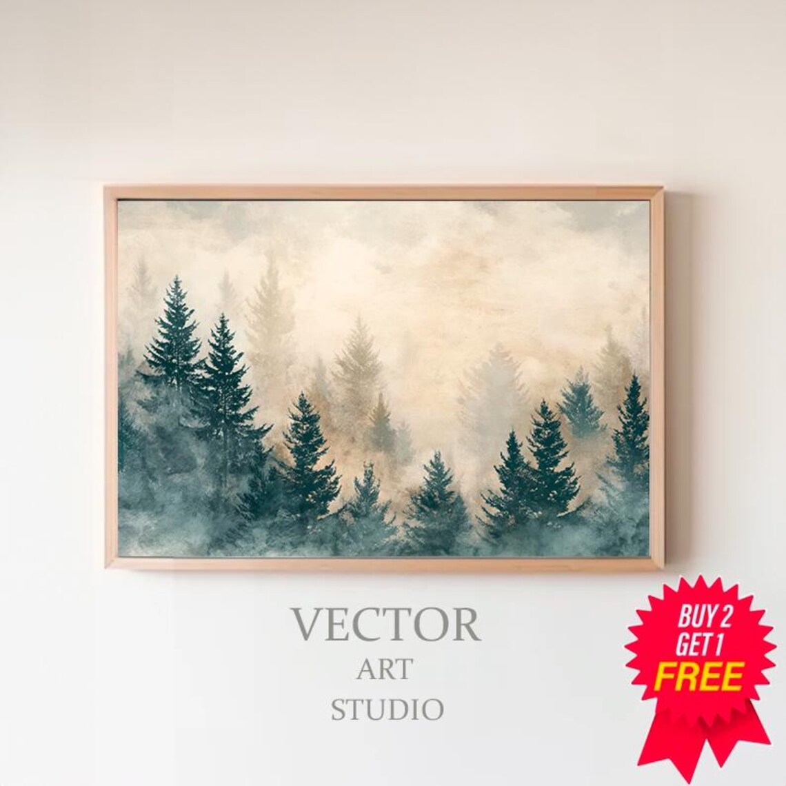 Soft Foggy Pine Forest Fading into Beige Mist in Watercolor Art Poster