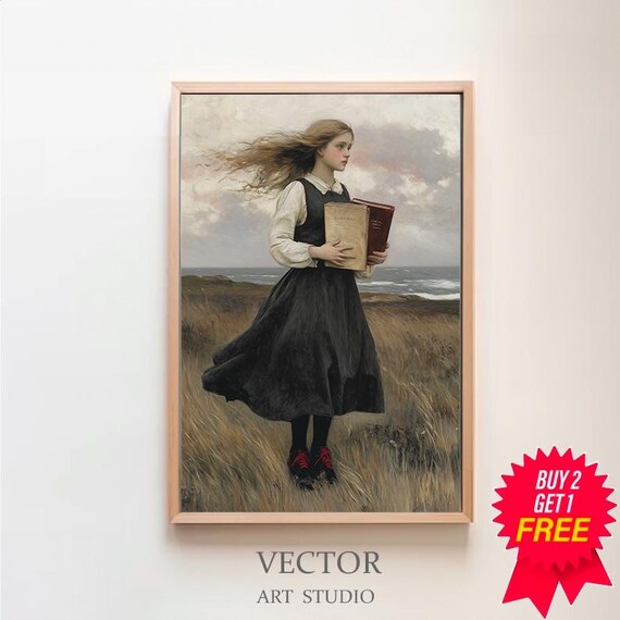 Windblown Girl With Books On Stormy Coastal Moor Dark Art Poster