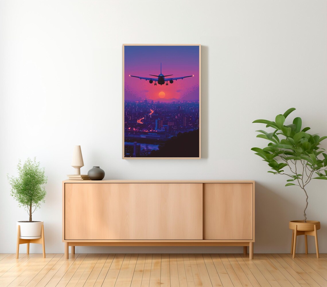 Airplane Over City Sunset Purple Sky Vaporwave Travel Poster - Image 2