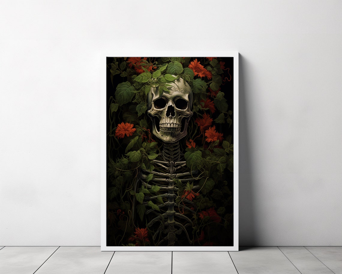 Skeleton Entwined with Vines and Red Flowers Dark Botanical Art Poster - Image 3
