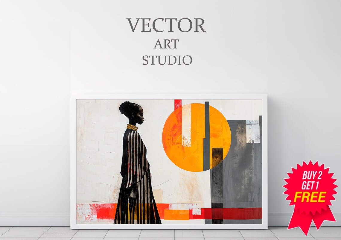 Elegant Woman Silhouette with Orange Sun Abstract Geometric Modern Art Poster - Image 3