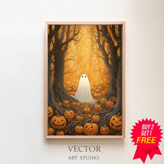 Cute Ghost in Jack O Lantern Pumpkin Patch Spooky Halloween Poster