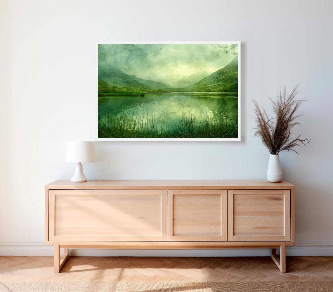 Moody Green Mountain Lake with Reeds in Soft Misty Light Poster - Image 2