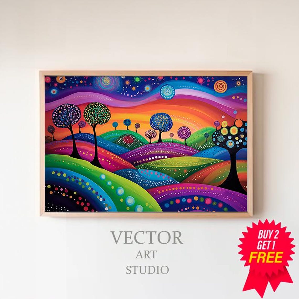 Whimsical Dotted Trees Rainbow Rolling Hills Landscape Poster