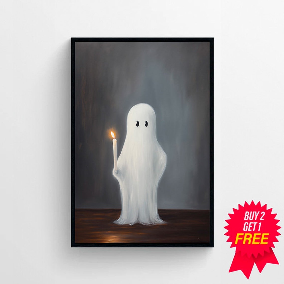 Cute Ghost Holding Candle on Dark Gray Whimsical Halloween Art Poster - Image 4