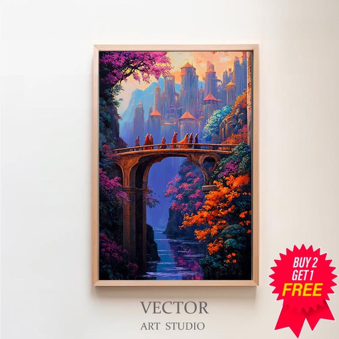 Fantasy Castle Stone Bridge Fellowship Waterfall Scene Art Poster