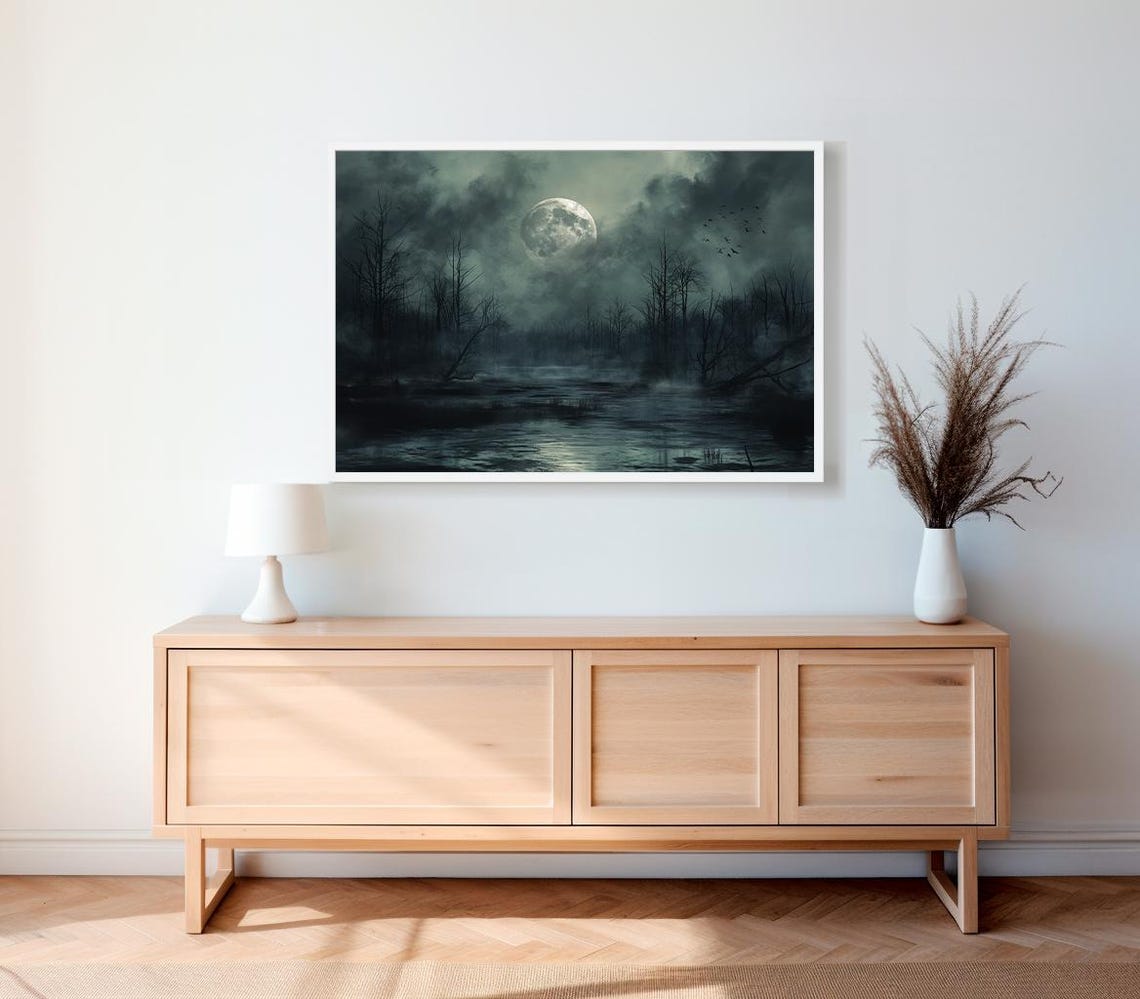 Spooky Full Moon Swamp With Bats And Bare Trees Gothic Poster - Image 2