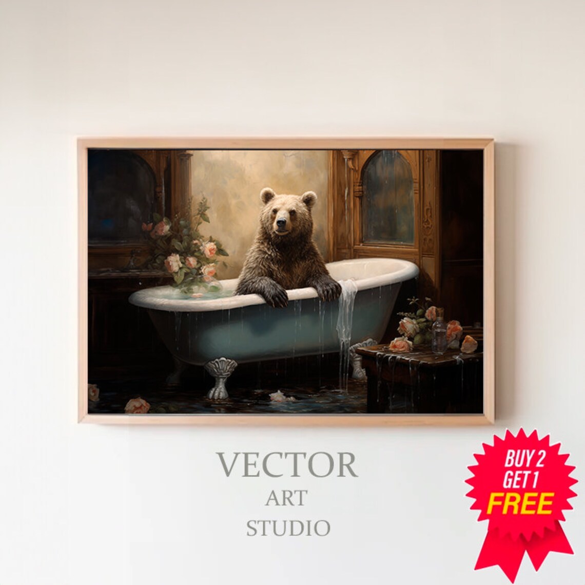 Brown Bear Relaxing in Vintage Clawfoot Bathtub Funny Animal Art Poster