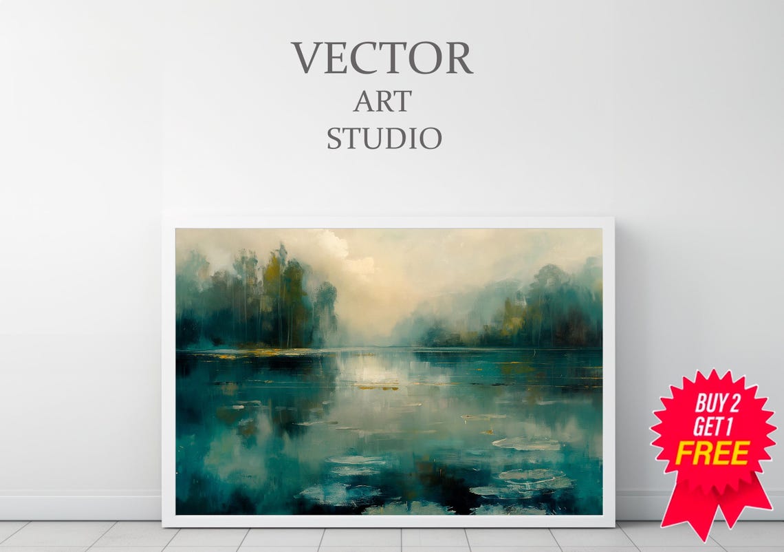 Misty Teal Lake at Dawn Abstract Watercolor Calm Landscape Poster - Image 3