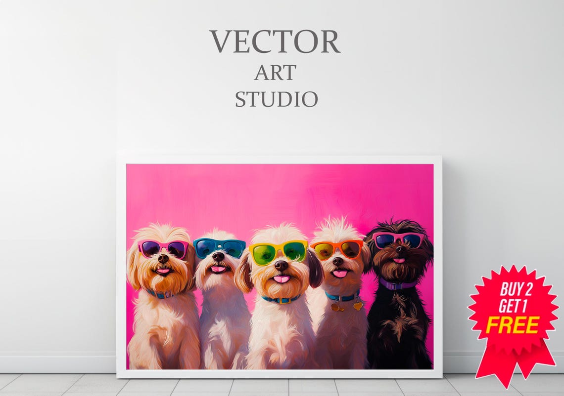 Dopamine Summer Frame Tv Art Cute Dogs In Sunglasses Maximalist Oil Painting Bright Pastel Preppy Pink Tv Funny Pet Colorful Picture - Image 3