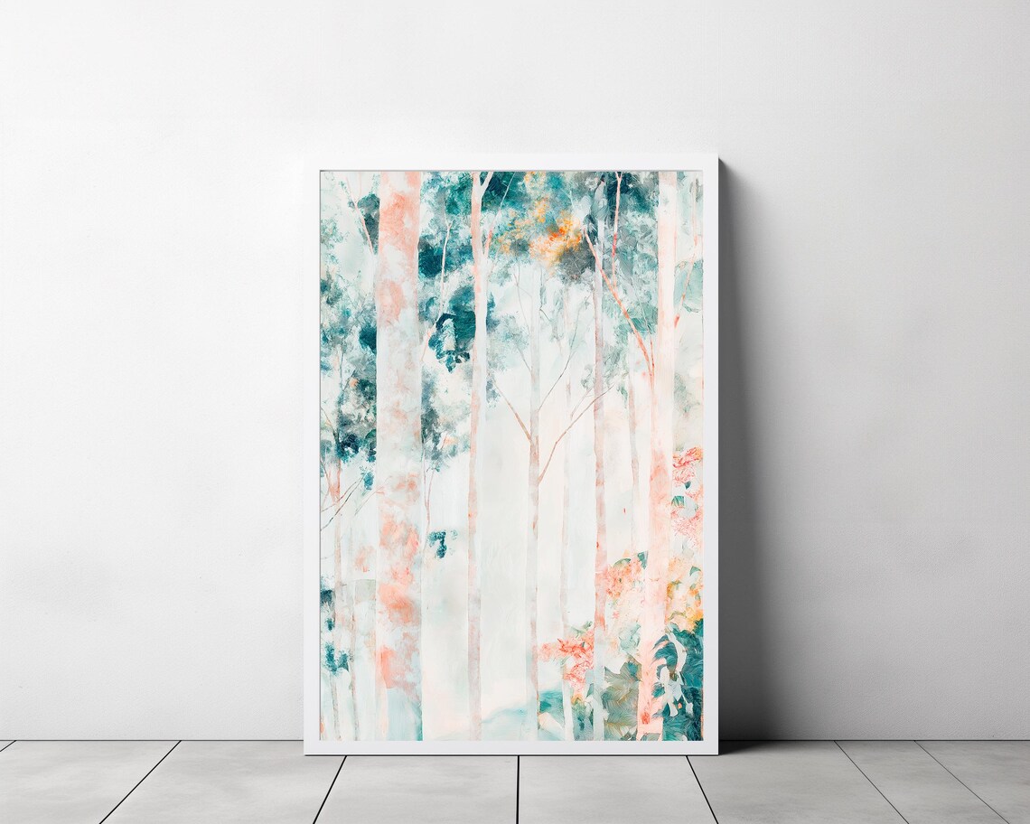 Teal and Coral Eucalyptus Forest Soft Watercolor Wall Poster - Image 3