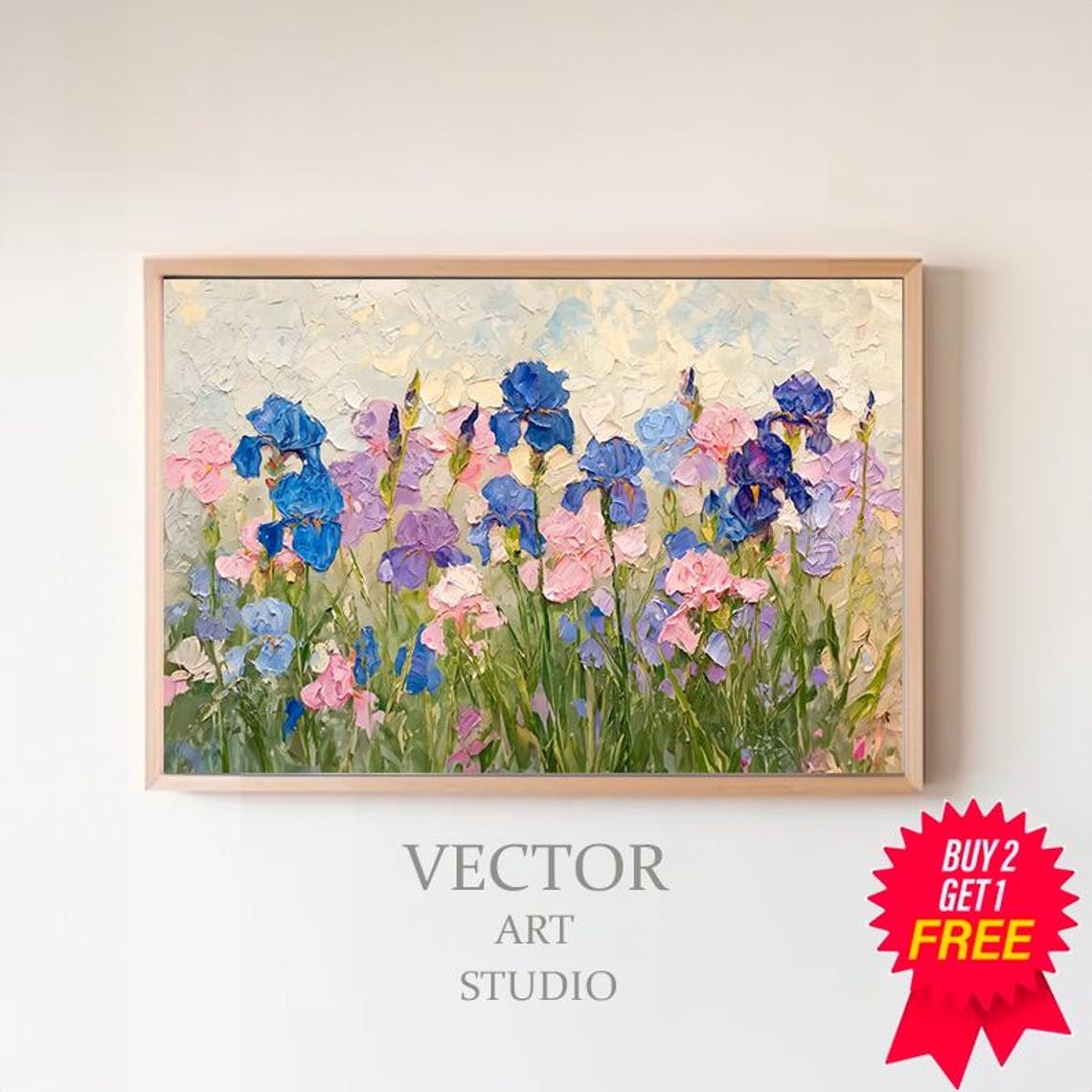 Blue And Pink Irises In Thick Impasto Spring Flower Art Poster