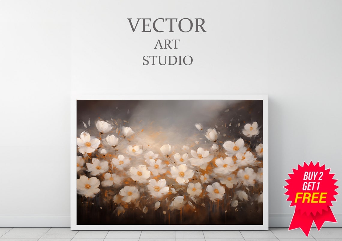 White Wildflower Meadow on Dark Moody Background Botanical Art Poster - Image 3