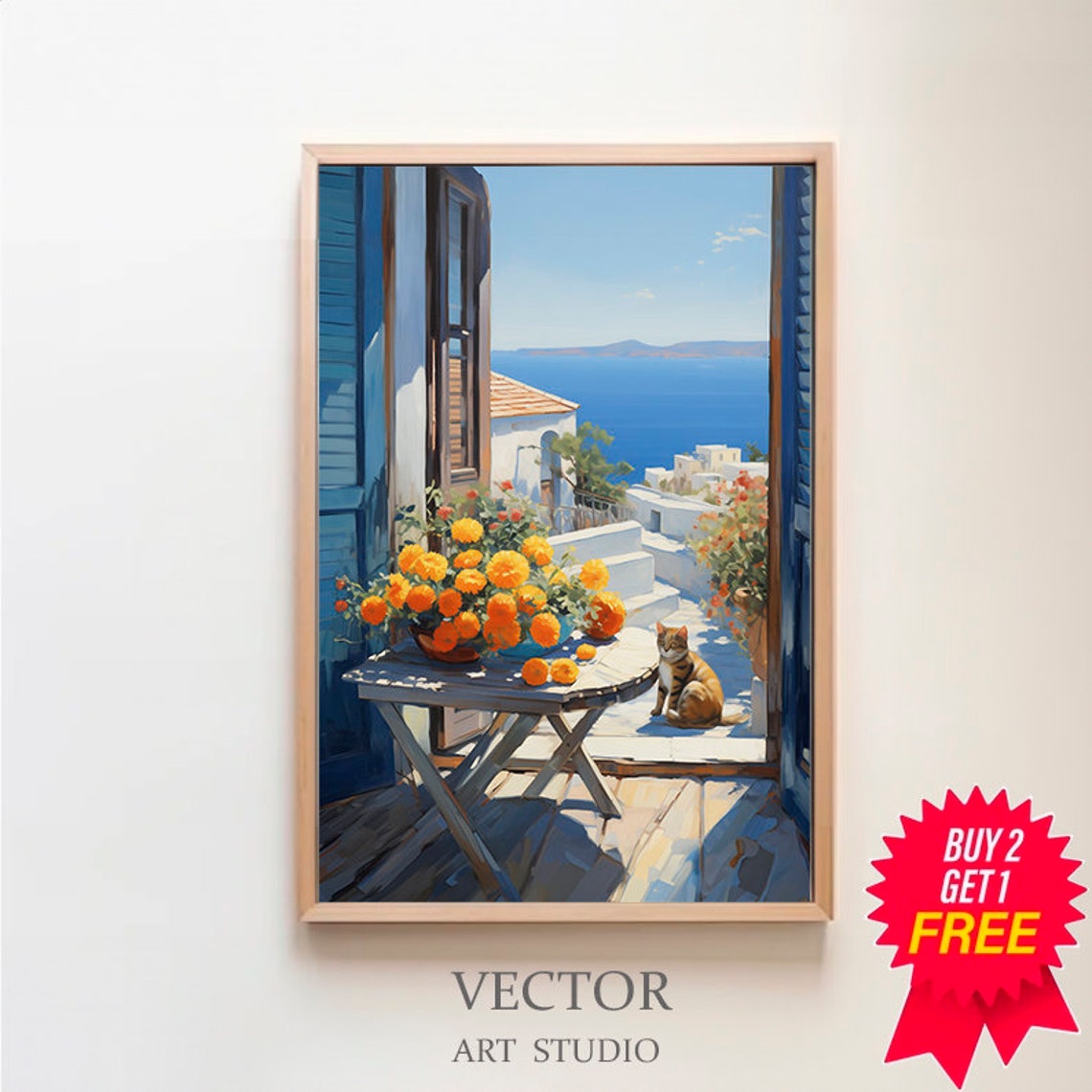 Coastal Window Cat Orange Flowers Sunny Sea Balcony View Poster