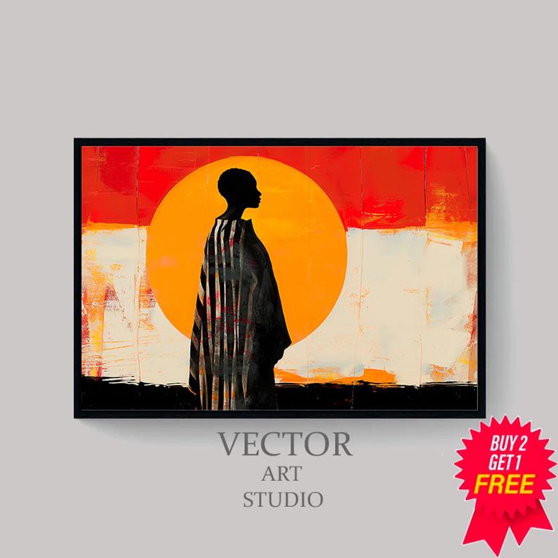 Woman Silhouette Sunset Orange Sun Contemporary Abstract Poster - Image 4