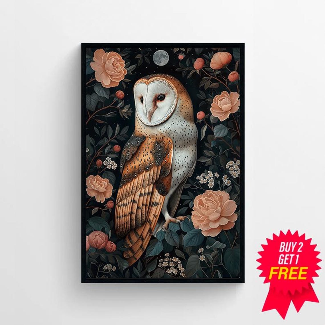 Barn Owl With Roses in a Dark Botanical Night Garden Art Poster - Image 4