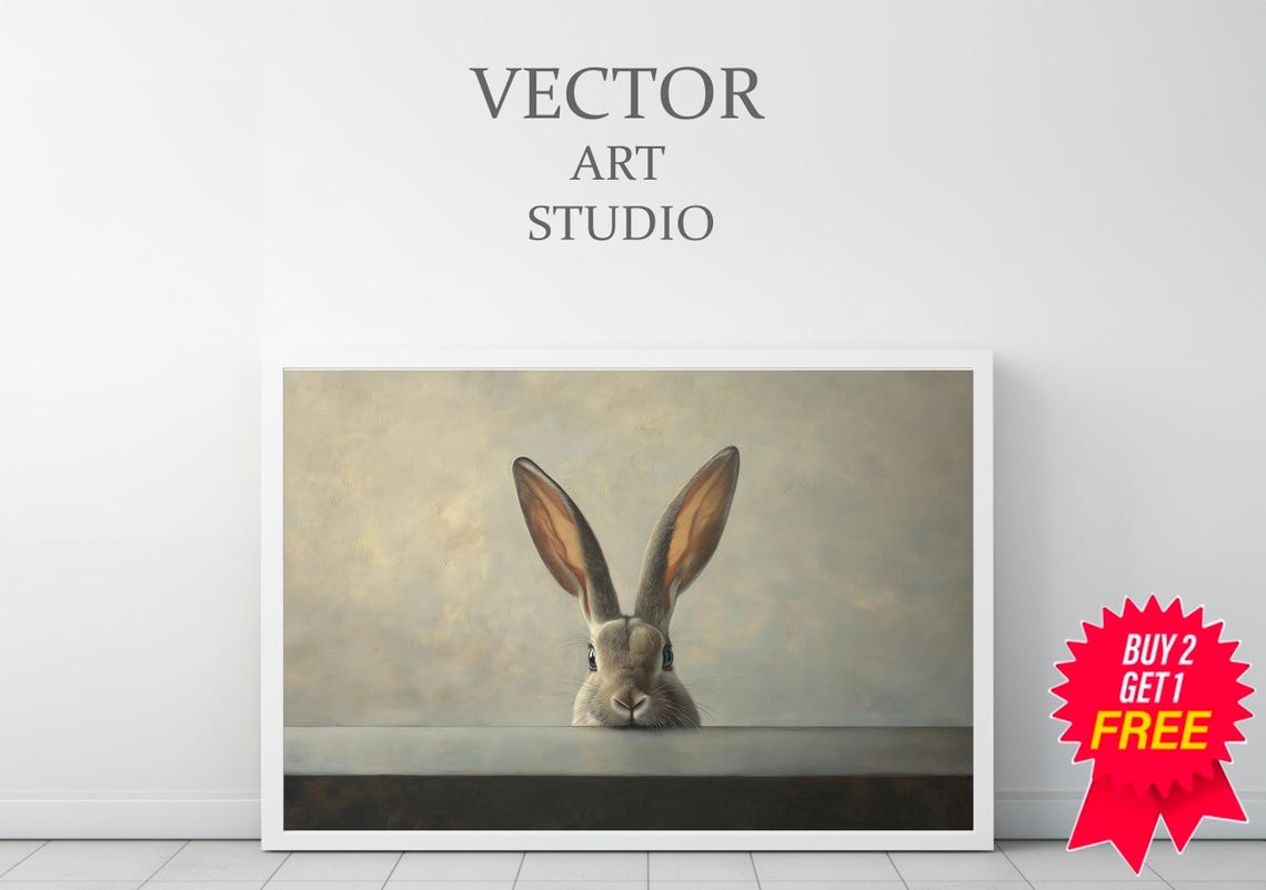 Curious Bunny Peeking Over a Dark Ledge Moody Animal Painting Poster - Image 3