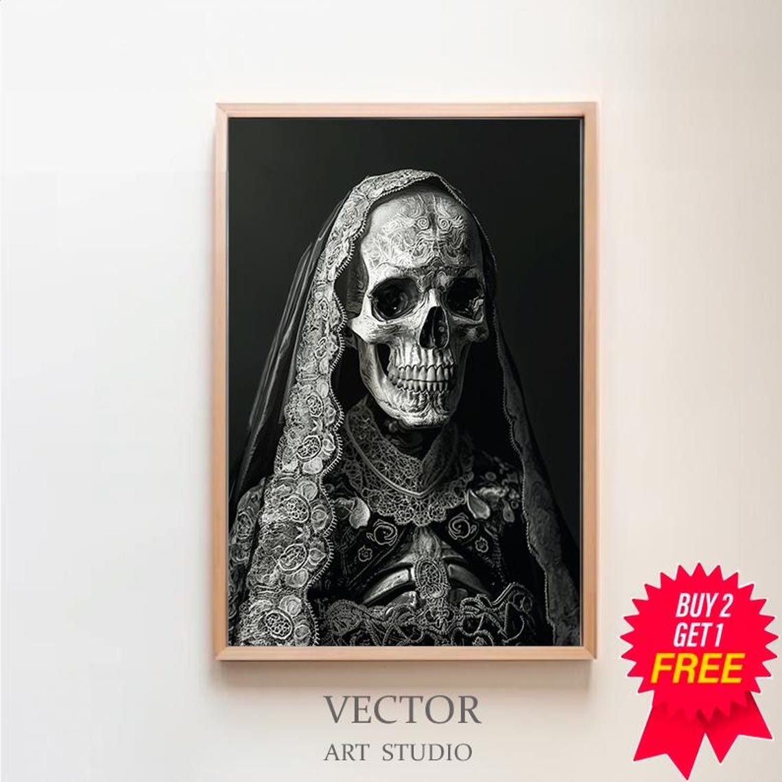 Elegant Lady Skeleton in Black Lace Veil Dark Academia Gothic Poster