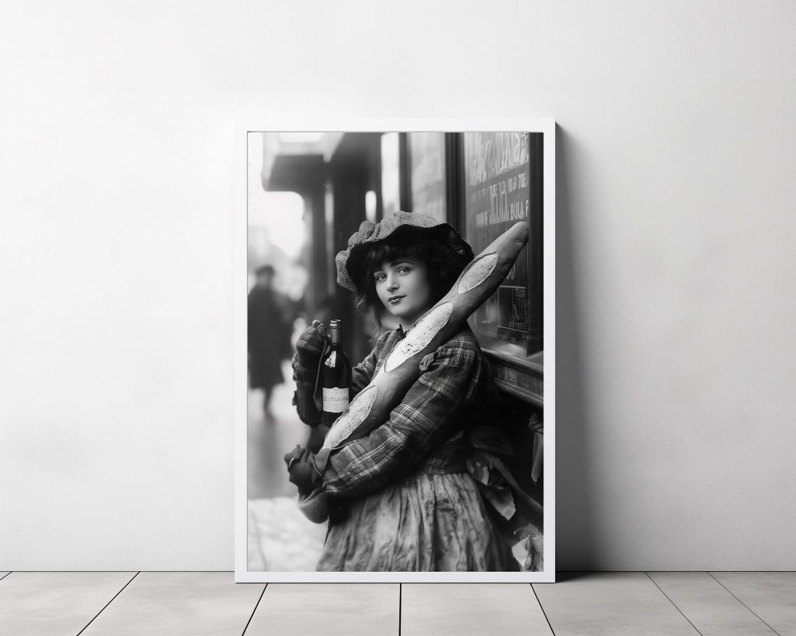 Vintage Parisian Woman with Baguettes and Wine Bottle Photo Poster - Image 3
