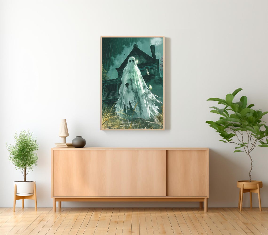 Tall Ghost Before Old Mansion In Stormy Night Spooky Art Poster - Image 2