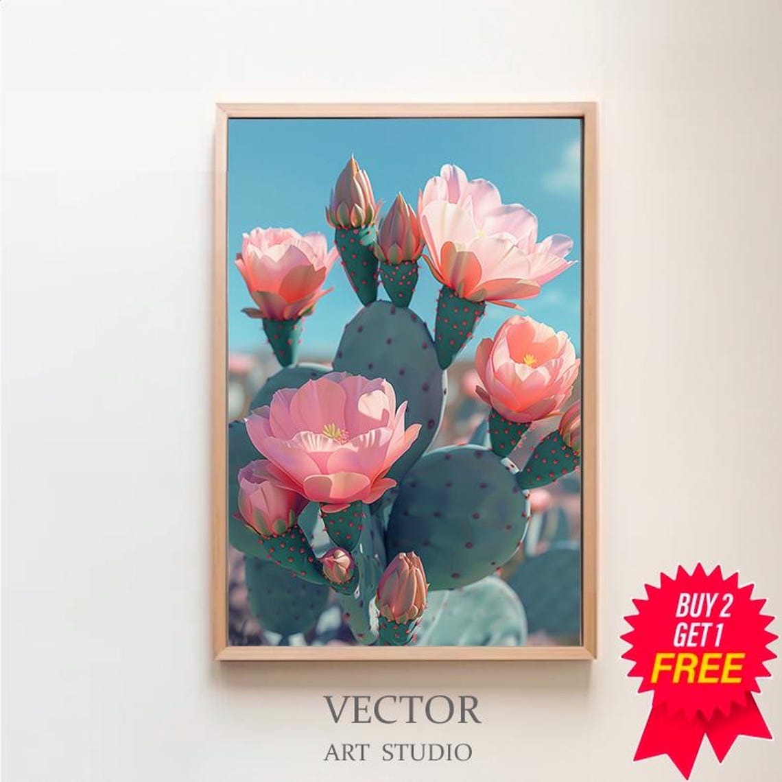 Blooming Prickly Pear Cactus Pink Flowers Botanical Desert Poster